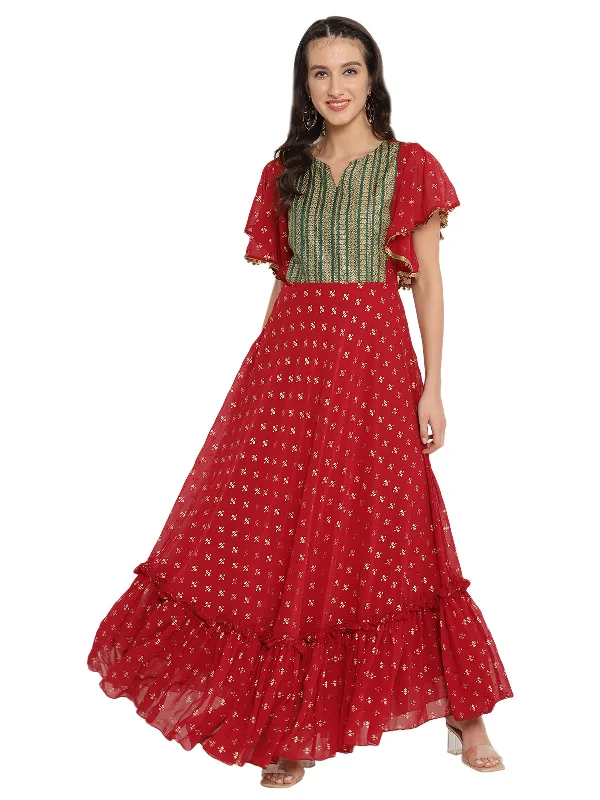 Maroon & Golden Printed Fit and Flare Maxi Dress Tunics Print Colorful