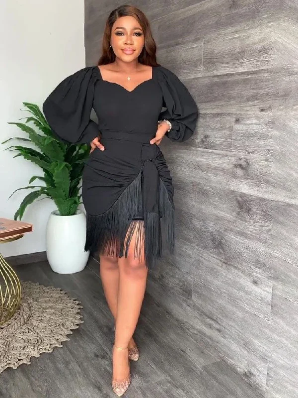 Puff Sleeve Tassel Ruched Midi Dresses Tunics Practical easy-care