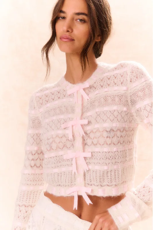 Roselline Bow-Detailed Knit Cardigan Terry Blend Velvet Blend Canvas Blend