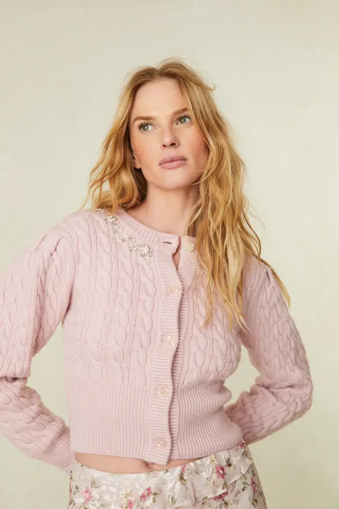 Love Shack Fancy - Rumi Cardigan in Rose dust Rayon Fabric Velvet Fabric Corduroy Fabric