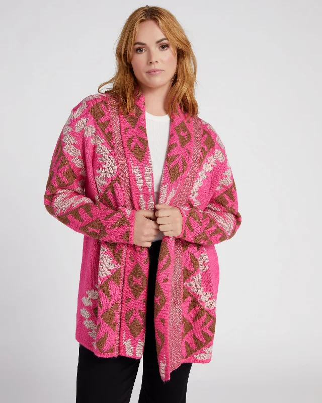 Plus Size Shawl Collar Aztec Print Cardigan Lace Blend Ribbed Blend Corduroy Blend