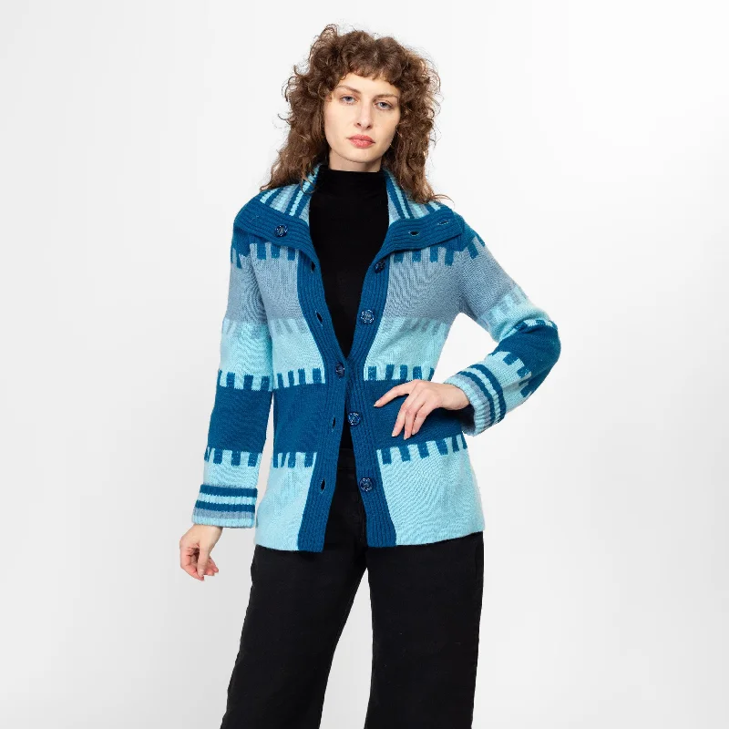 Small 70s Blue Striped Gradient Knit Cardigan Bright Pastel Dark