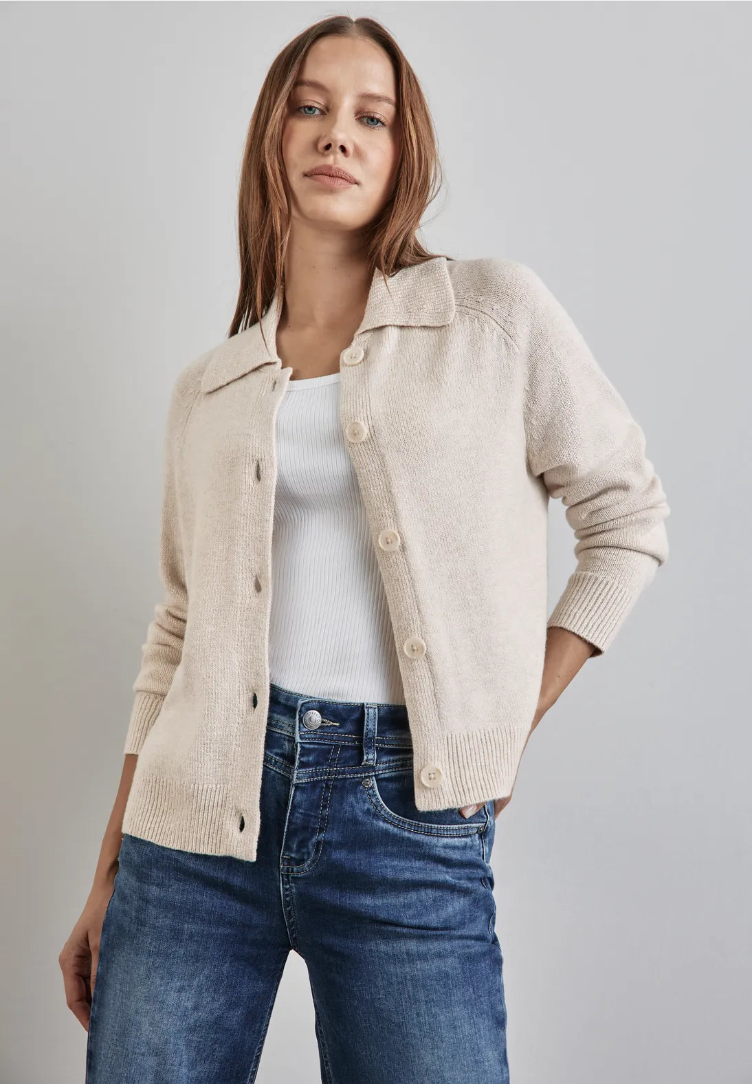Street One Button through Cardigan with collar. Oatmeal 253581 Welt Pockets Slit Pockets Flap Pockets