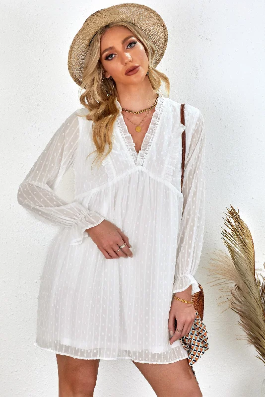 Swiss Dot Frill Trim Long Flounce Sleeve Mini Dress Tunics Evening elegant