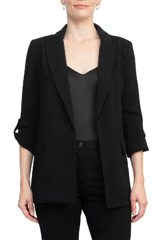 Tahari Lapel Collar 3/4 Roll Sleeve Open Front Woven Blazer Spring Women's Coat