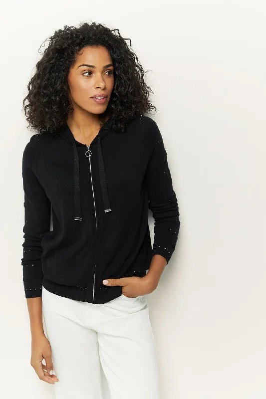 TAÏGA - Cardigan noir à capuche et clous Zippered Front Buttoned Front Snap Front