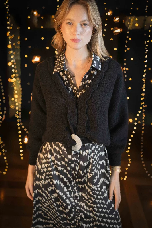 TAIGA - Cardigan noir tricot réversible devant/dos Cable Knit Ribbed Knit Lace Knit
