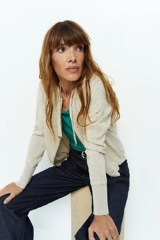TARA - Cardigan ficelle tricot à capuche et clous Mesh Cardigan Canvas Denim