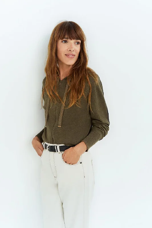 TARA - Cardigan kaki zippé à capuche Ribbed Striped Patterned