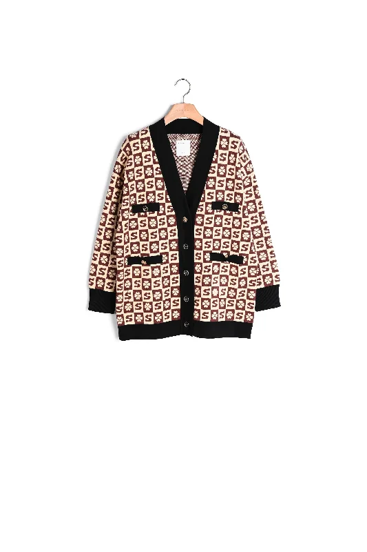 Cardi-coat long à motif jacquard Sequined Lace Ribbed