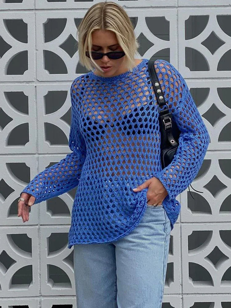 Knit Hollow Out Cover up Mini Dress For Women See-Through Loose Beach Holiday Clothes Summer Patchwork Knitwear Cover up Tunics Distressed trendy