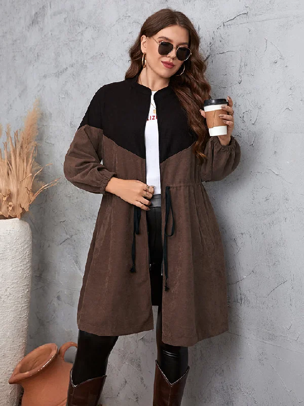 Two-Tone Dropped Shoulder Trench Coat - Curve Women's Apparel Wholesale Quilted Jacket Anorak Windbreaker