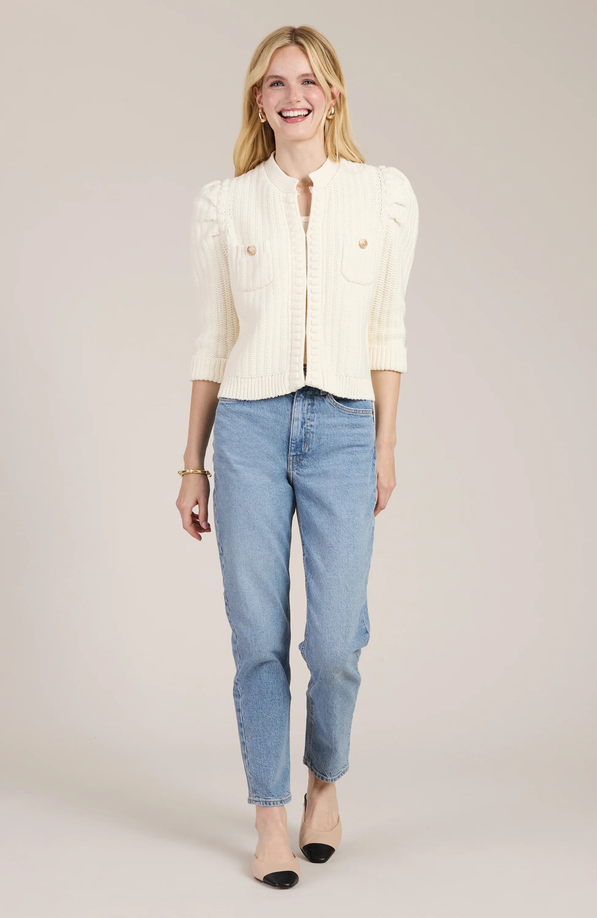 Tyler Boe Cotton Blend Knit Cardigan Ivory Glossy Satin Silk