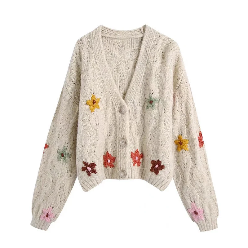 V-Neck long sleeve floral embroidery loose knit coat  7727 Faux Fur Real Fur Shearling