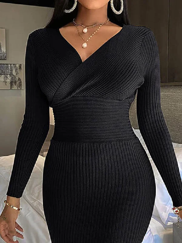 V Neck Long Sleeve Sweater Dresses Tunics Business professional