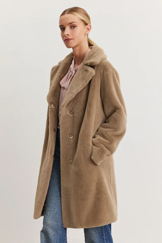 Velvet by Graham & Spencer Evalyn 05 Long Faux Fur Coat | Cafe Appliqued Beaded Sequined