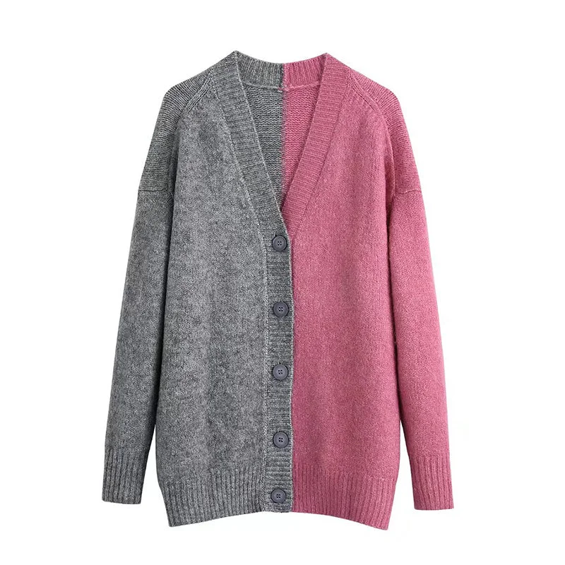 Versatile V-Neck long sleeve contrast stitched knit coat  7731 Denim Leather Suede