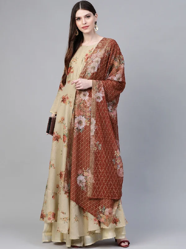 Beige & Brown Floral Printed Anarkali Kurta Dress with Dupatta Tunics Polka dots
