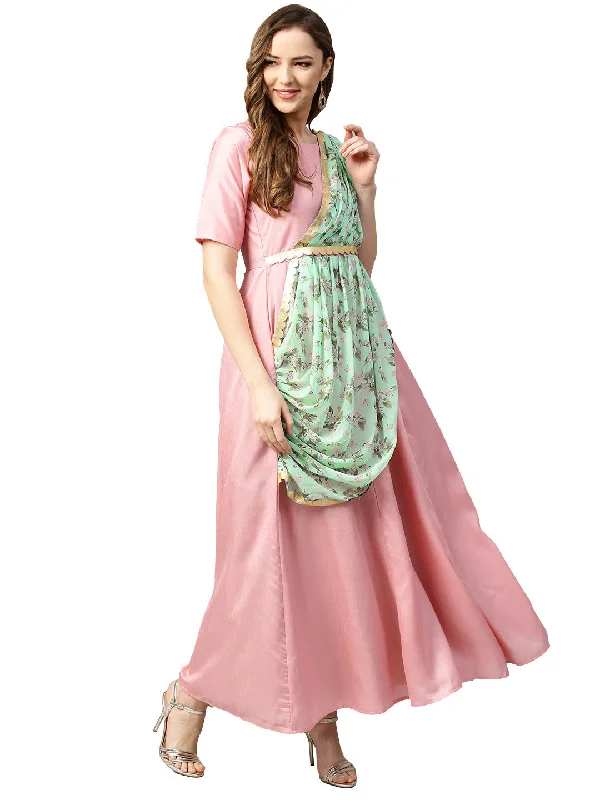 Pink & Green Solid Maxi Dress with Attached Dupatta Tunics Trousers formal