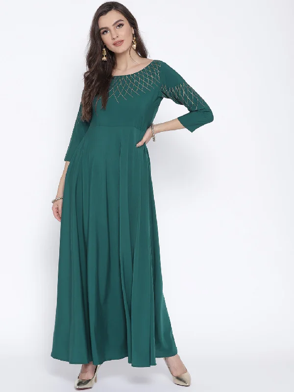 Green Solid Maxi Dress Tunics Timeless classic