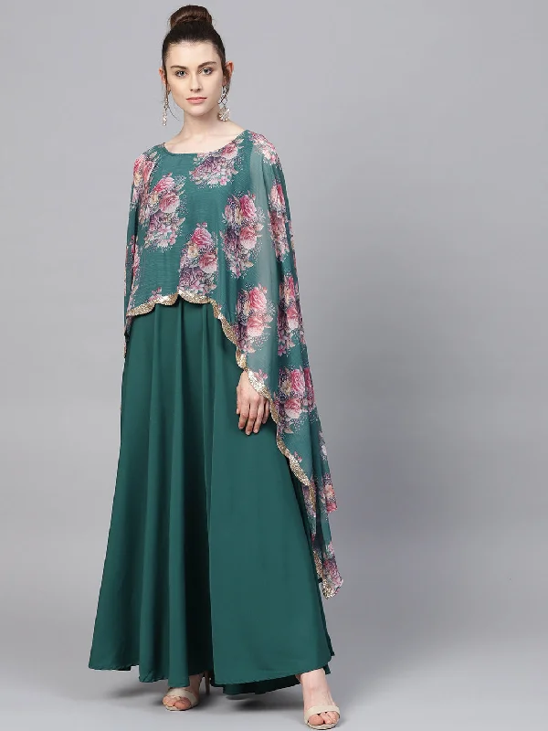 Green Double Layer Cape Style Ethnic Dress Casual Short Summer