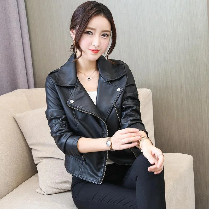 Women's Leather Coat Women's Short Korean Style Boat Neck Jacket Square Neck Jacket One-Shoulder Jacket
