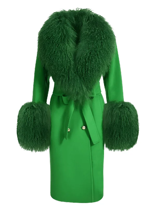 Women's Wool Cashmere Coat With Real Mongolian Sheep Fur Collar and Cuffs Ladies Double Faced Coats Belted Winter Fall Long Coat Pockets Sleeves Lining