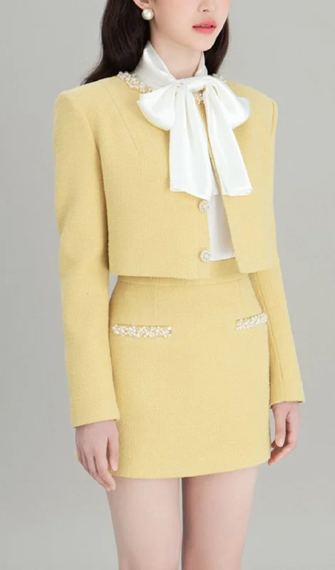 YELLOW LONG-SLEEVE BLAZER AND SKIRT TWO-PIECE SET Women's Unique Blazer