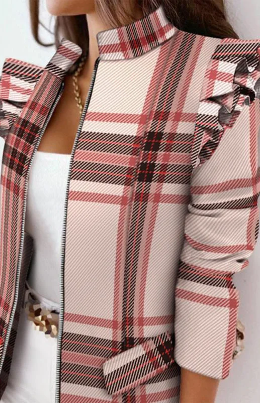 Long Sleeve Printed Coat Plaid Tartan Floral