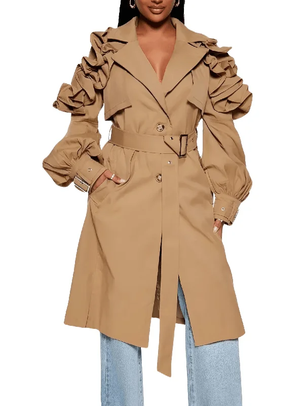 Black Khaki Long Trench Coat Women's Belt Elegant Chic Stylish Luxury Clothes Runway Fashion Buttoned Toggled Snapped