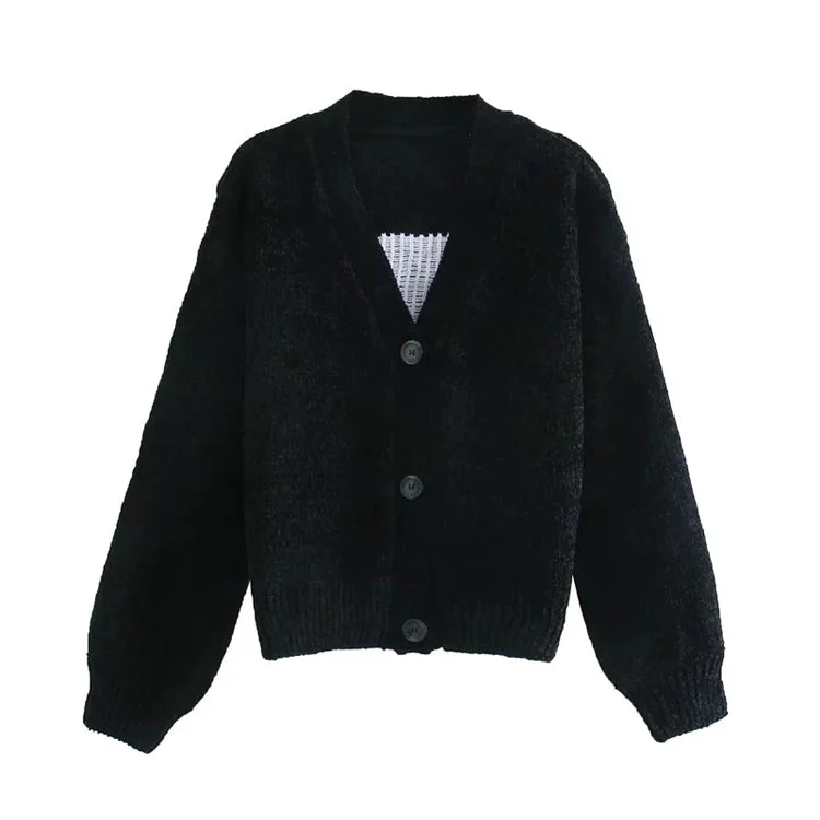 V-neck Lantern Sleeve Button back smiling face loose knit coat  7483 Parka Down Jacket Wool Coat