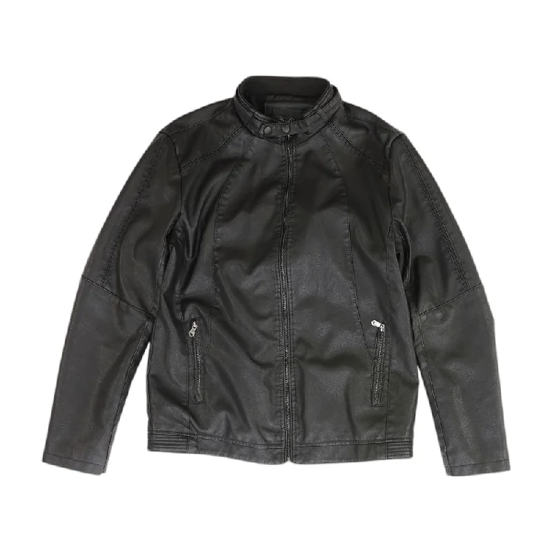 Black Solid Faux Leather Coat Mesh Canvas Denim