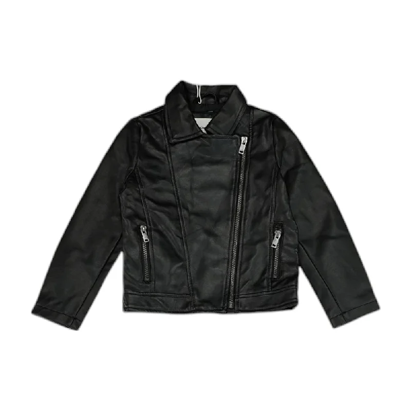 Black Solid Faux Leather Coat Cotton Linen Terry