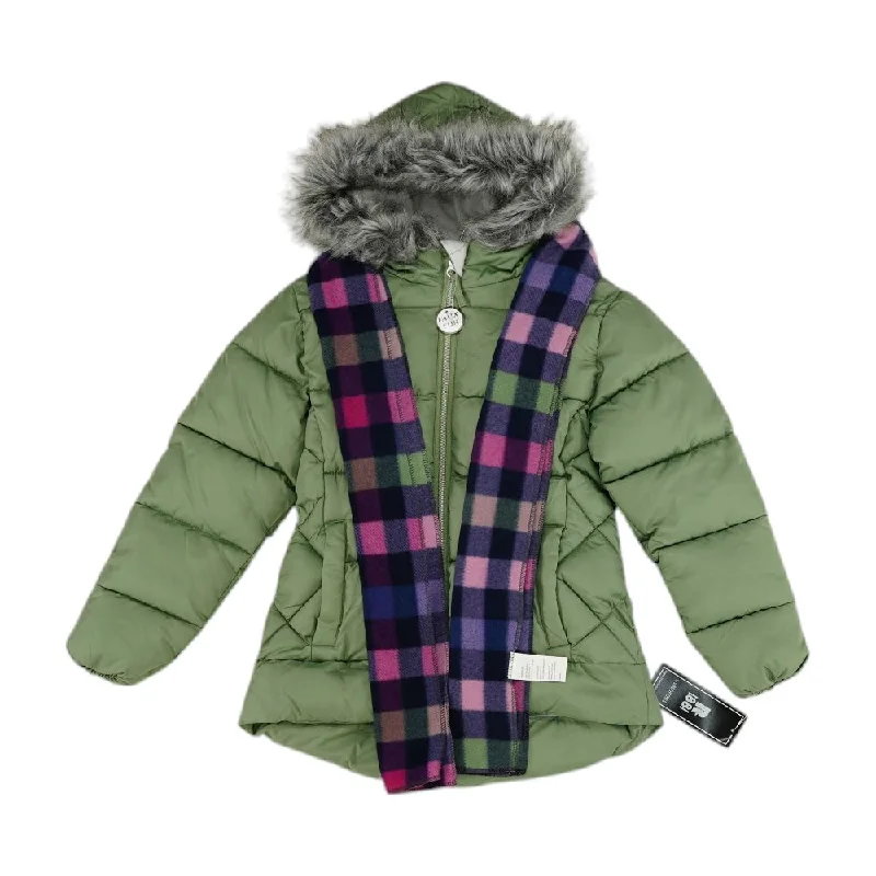 Green Solid Puffer Coat Nylon Polyester Spandex