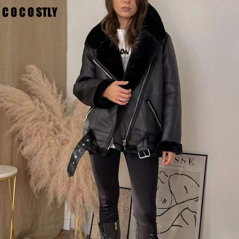 High Quality Woman's Faux Leather Fur Coat Pockets Sleeves Lining