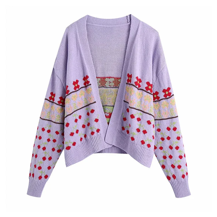 New women's sweet purple jacquard knitted coat  7231 Bomber Denim Leather