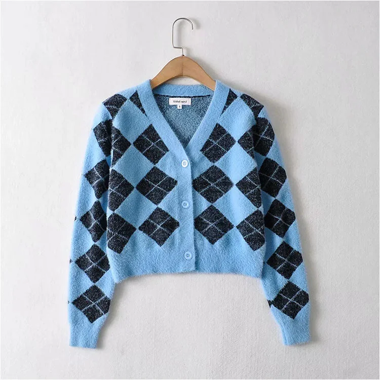 Slim and thickened hippocampal hair V-neck diamond lattice knitted coat  7180 Trench Raincoat Windbreaker
