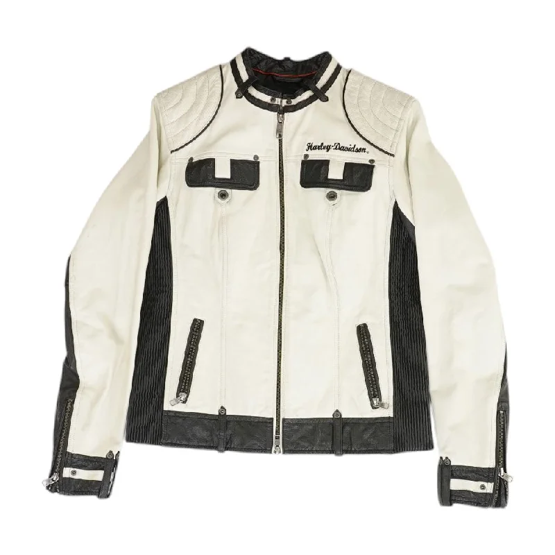 White Color Block Leather Coat Sequined Lace Ribbed