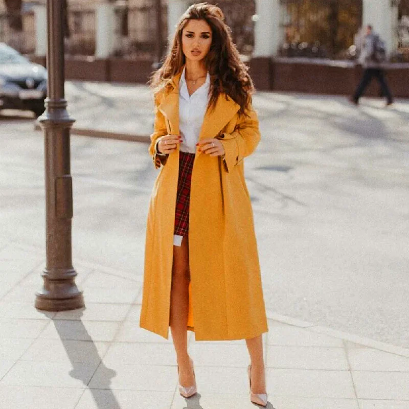 Long Elegant Trench Windbreaker Coat by Ganz Health Boat Neck Jacket Square Neck Jacket One-Shoulder Jacket