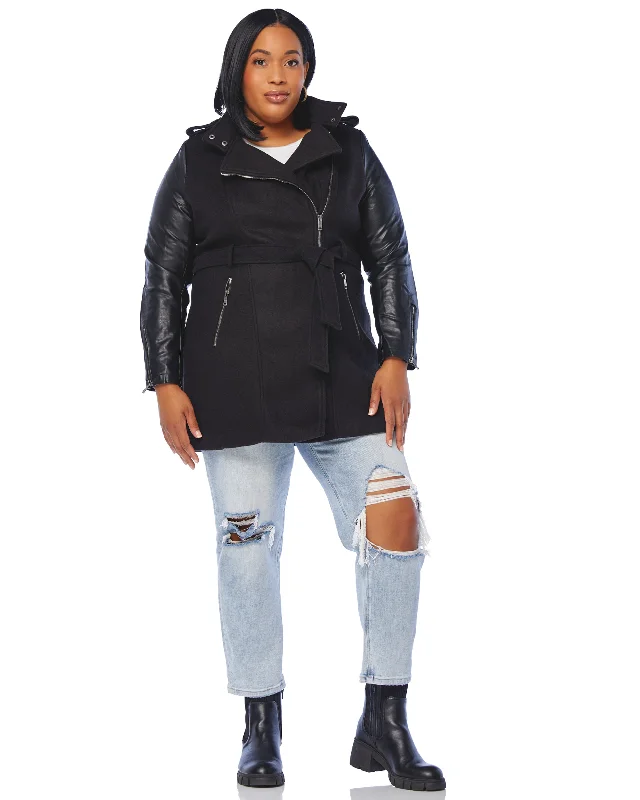 Plus Size Belted Vegan Wool and Leather Coat Sleeveless Short Sleeve Long Sleeve