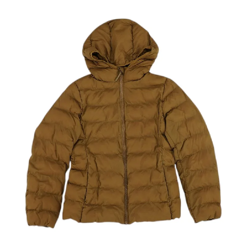 Brown Solid Puffer Coat Cotton Linen Terry