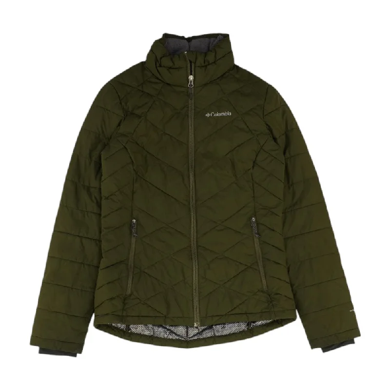 Green Solid Puffer Coat Denim Leather Suede