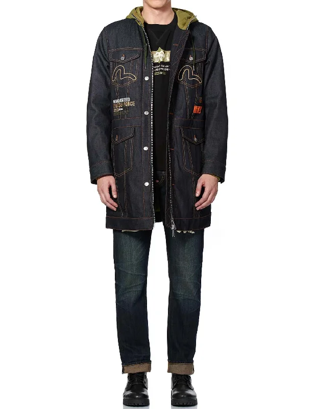Kamon and Logo Embroidered Denim Padded Coat Pockets Sleeves Lining