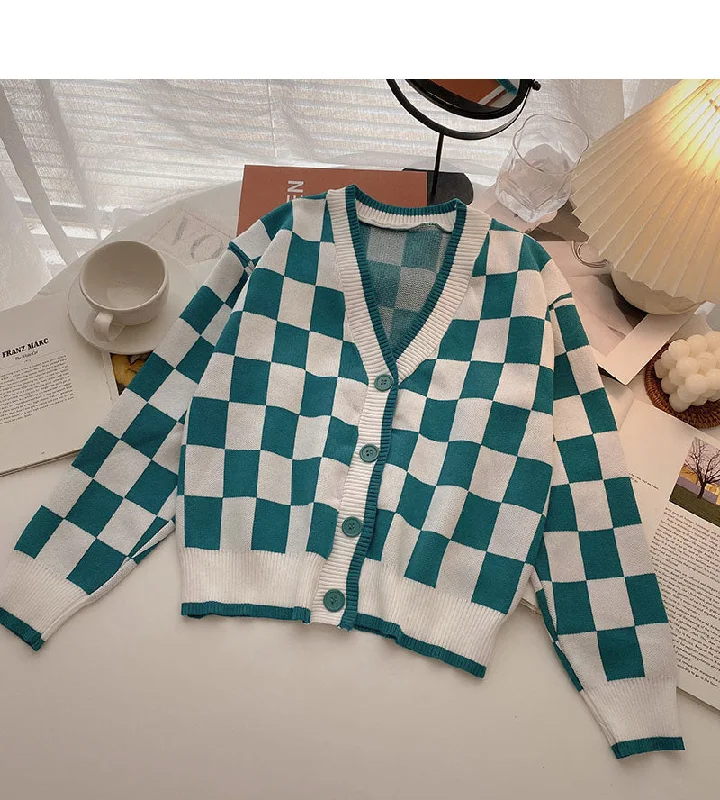 Knitted coat versatile casual V-Neck long sleeve Plaid top  6505 Boat Shawl Notched