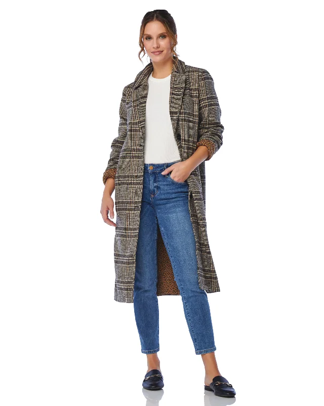 Long Checker Coat Buttoned Zippered Snapped