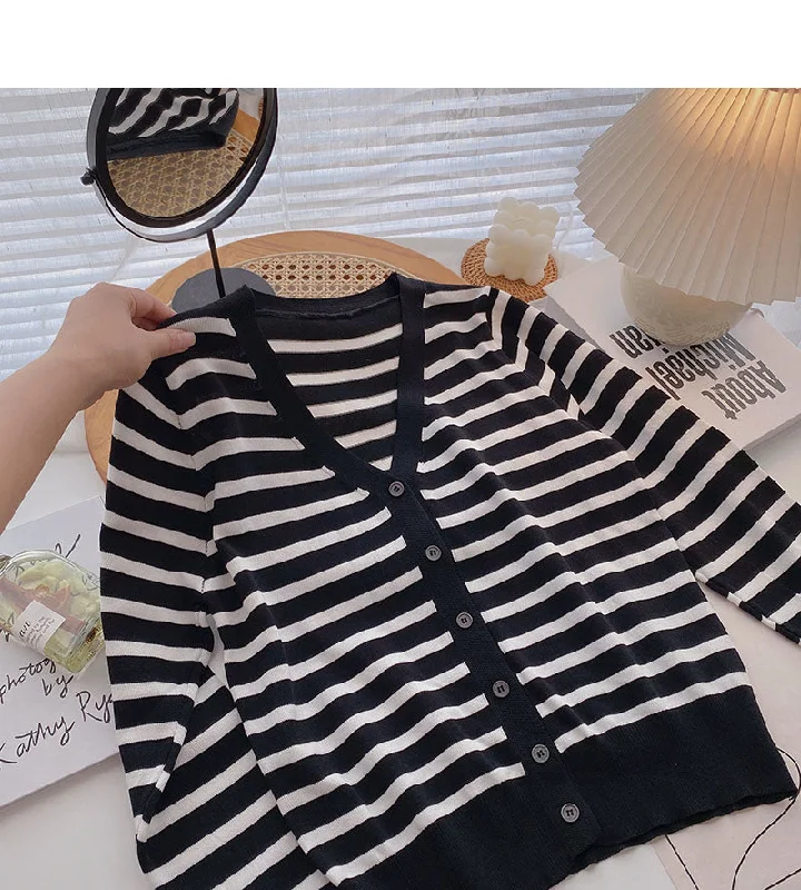 Long sleeve knitted stripe coat casual V-neck top  6518 Vent Hem Cuff