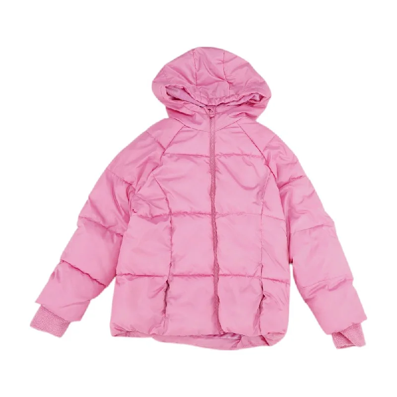 Pink Solid Puffer Coat Nylon Polyester Spandex