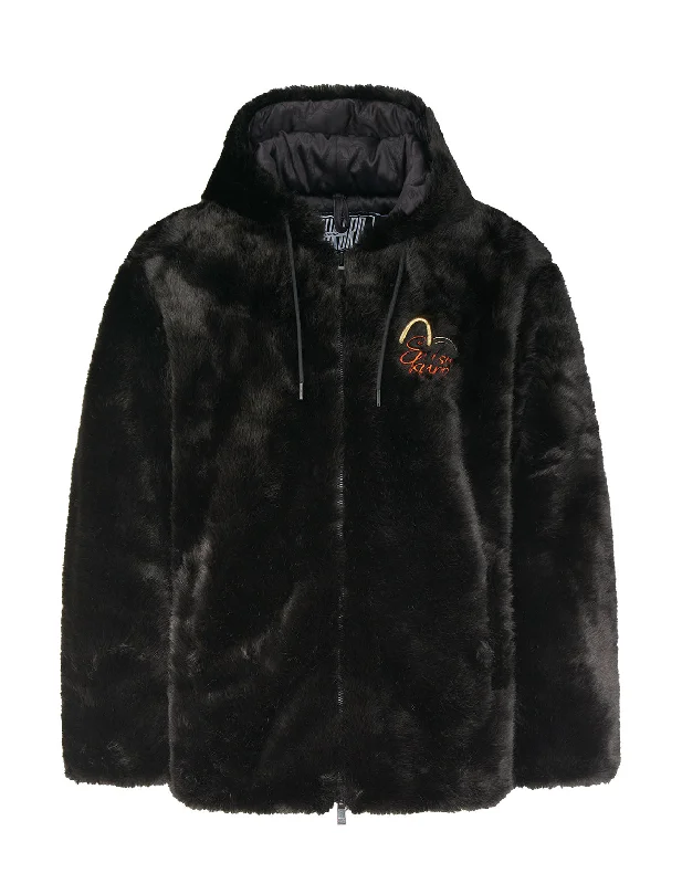 Ukiyo-E Print Faux Fur Coat Herringbone Houndstooth Plaid