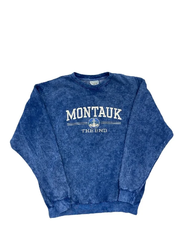 Adult Unisex Crewneck Pullover with Embroidered Montauk The End and Anchor in Denim Blue Leg Sleeve Comfort