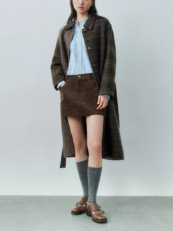 Belted Maxi Plaid Loose Coats Fleece Down Feather